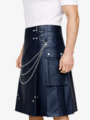 Navy Blue Leather Utility Kilt with Chain Detailing & Adjustable Straps