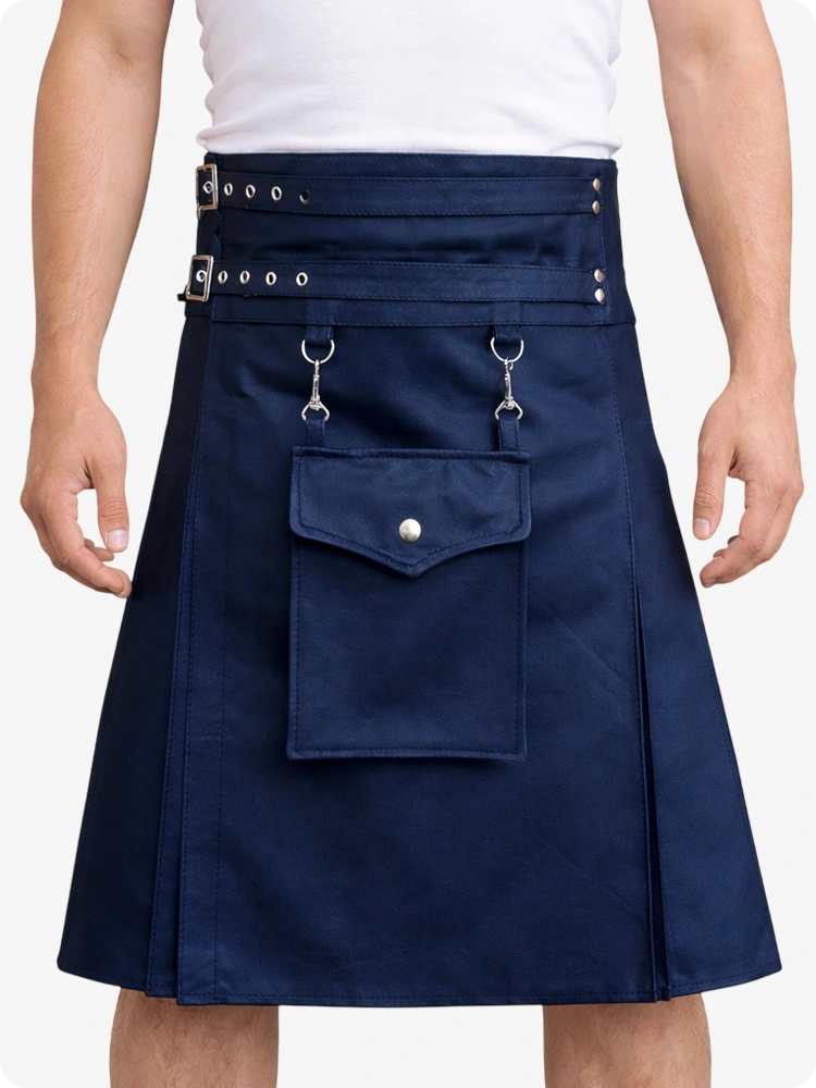 Navy Blue Leather Utility Kilt with Front Pocket & Adjustable Buckle Straps