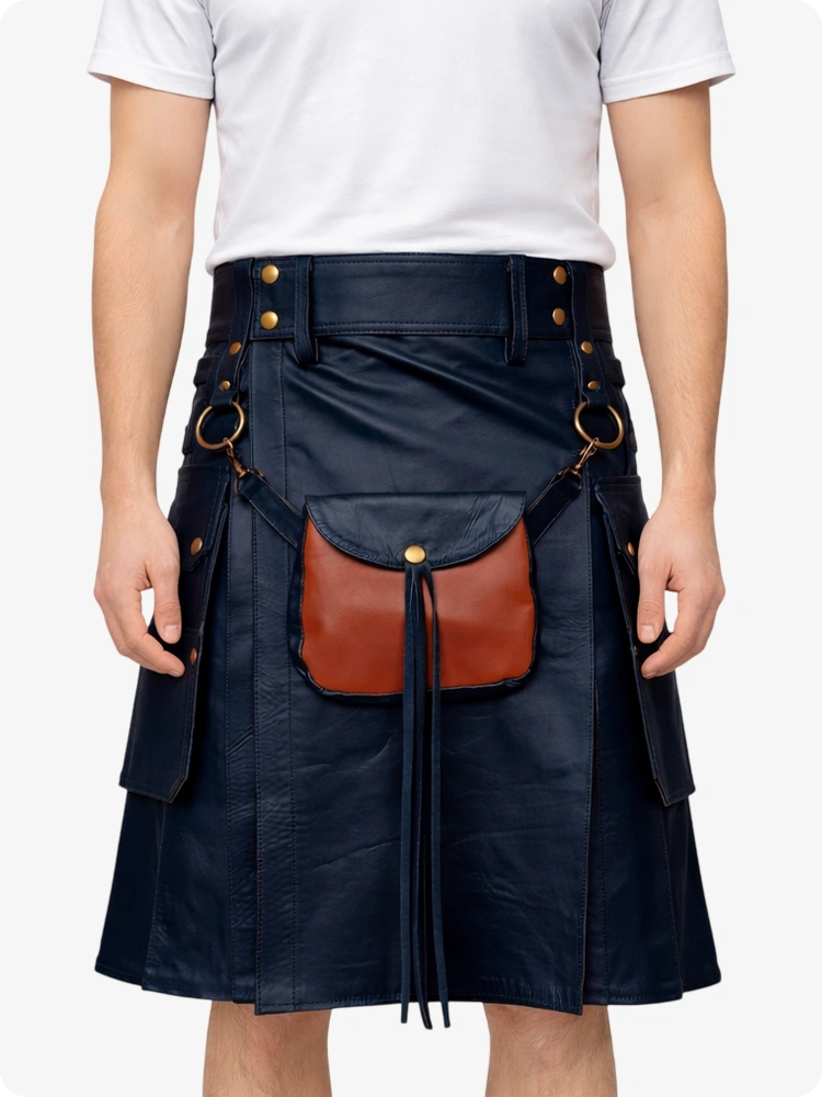 Navy Blue Leather Utility Kilt with Front Sporran