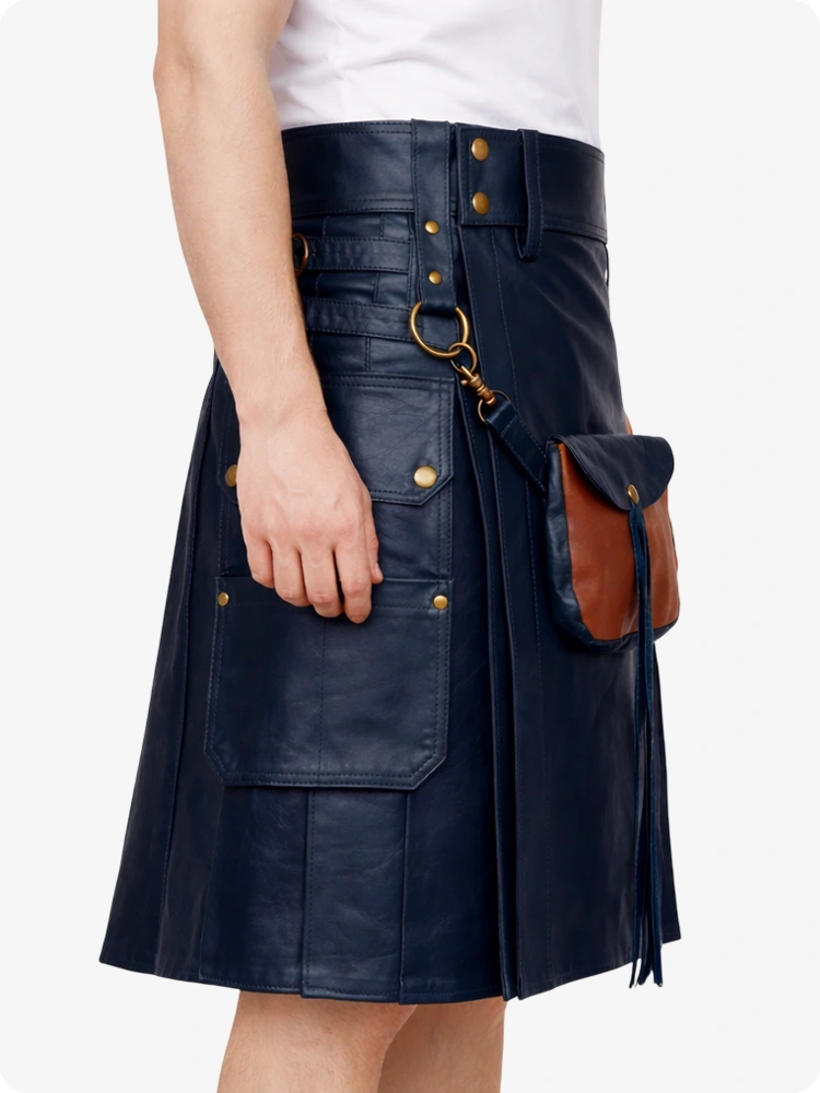 Navy Blue Leather Utility Kilt with Front Sporran