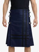 Navy blue kilt with silver buttons on a white background