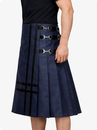 Navy blue skirt with silver buckles on a white background
