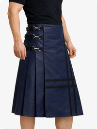 Navy blue skirt with black accents worn by a person on a white background