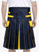 Navy Blue Leather Utility Kilt with Yellow Accents & Detachable Pockets