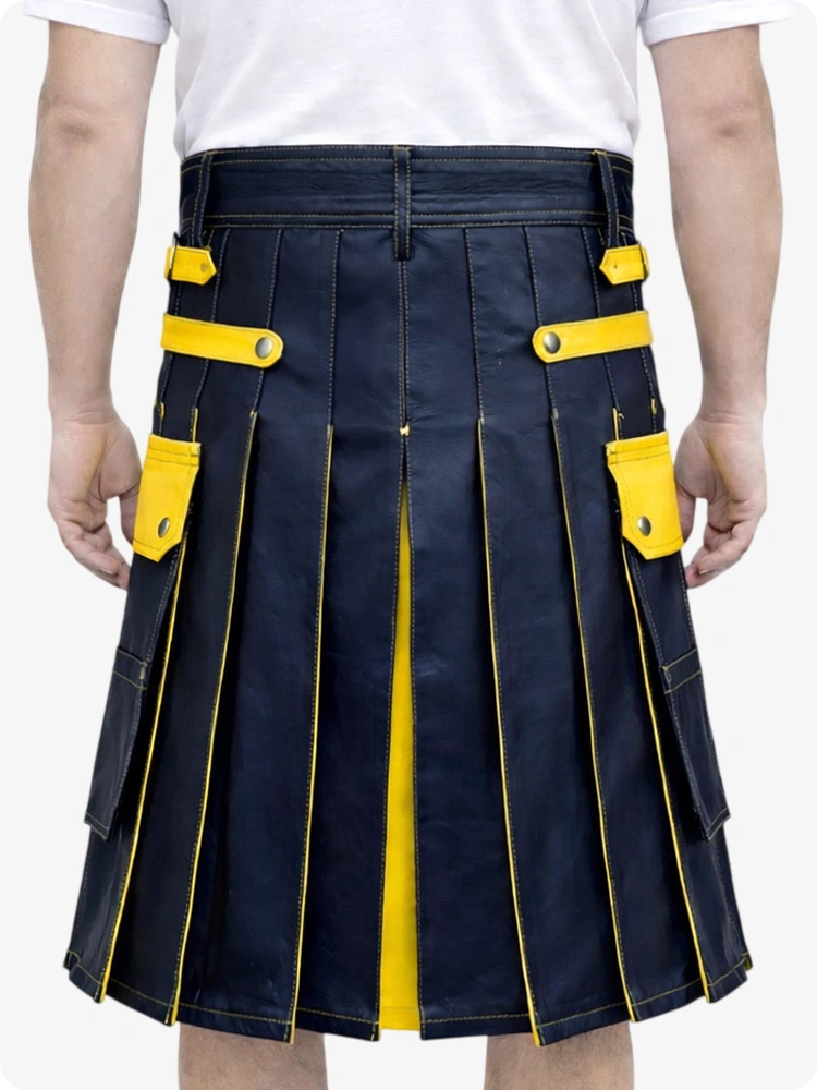Navy Blue Leather Utility Kilt with Yellow Accents & Detachable Pockets