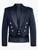 Navy blue formal jacket with silver buttons on a white background