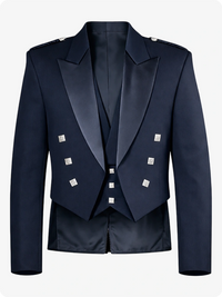 Navy blue formal jacket with silver buttons on a white background