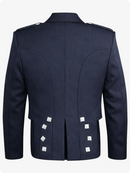 Navy blue military-style jacket with silver buttons on a white background