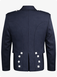 Navy blue military-style jacket with silver buttons on a white background
