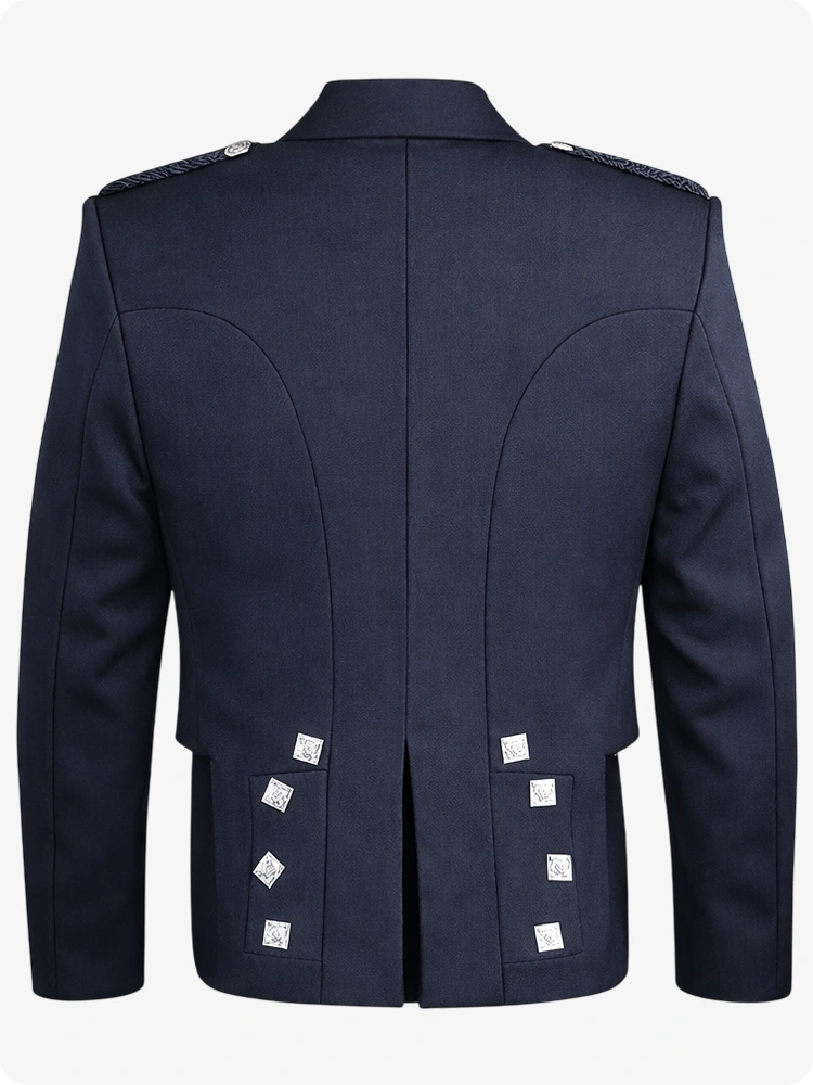 Navy blue military-style jacket with silver buttons on a white background