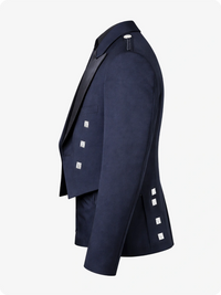 Navy blue jacket with white square patterns on a white background