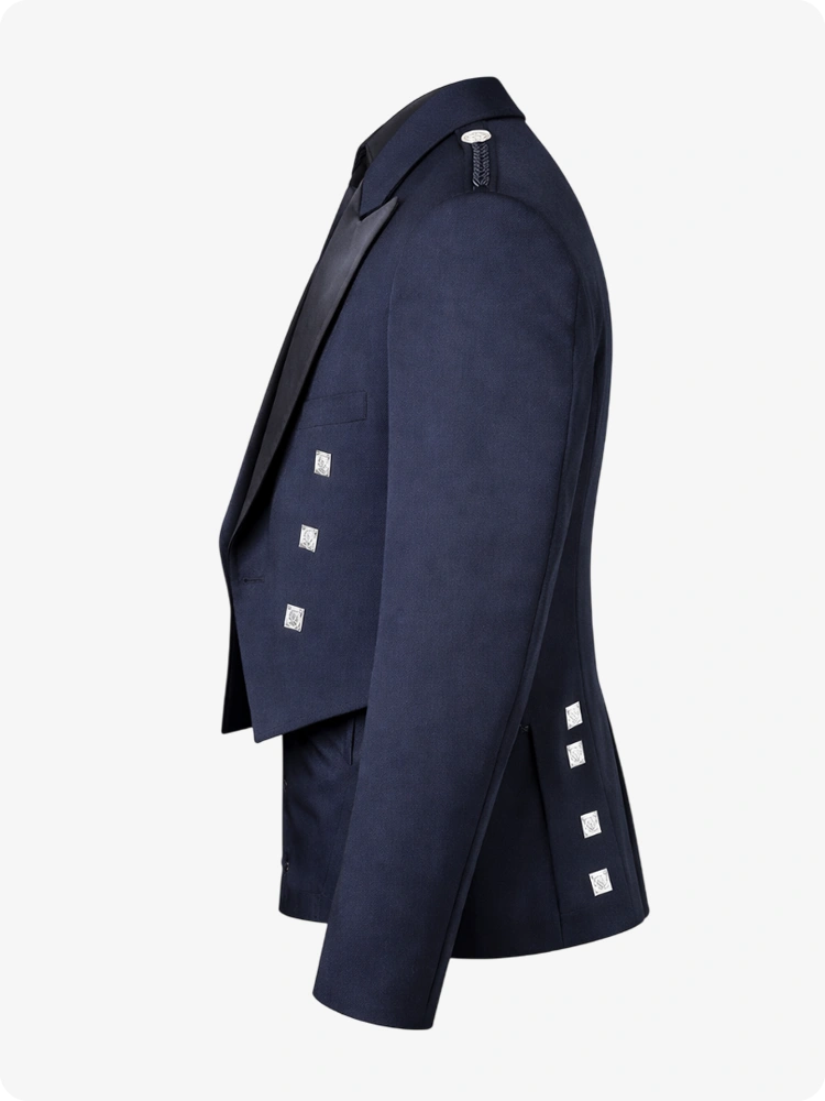 Navy blue jacket with white square patterns on a white background