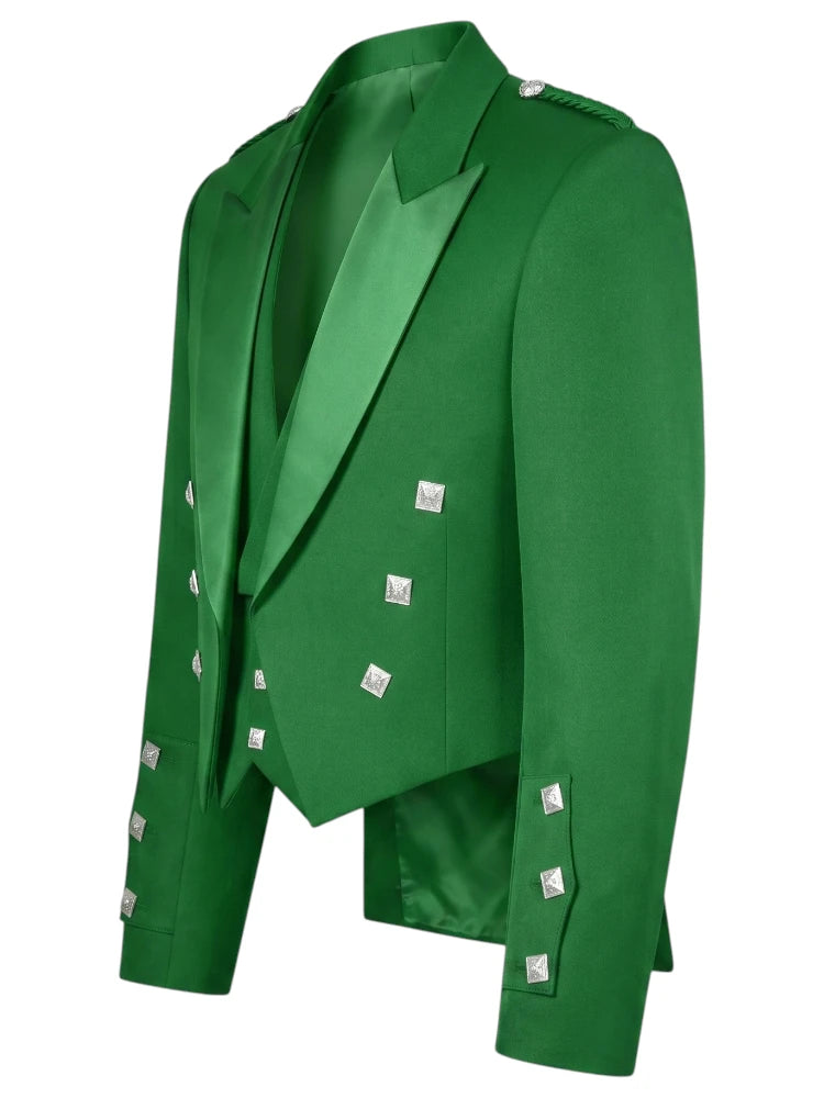 A bright green double-breasted blazer with satin lapels and decorative silver-toned square buttons, shown on a plain white background.