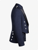Navy blue blazer with decorative buttons on a white background