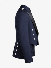 Navy blue blazer with decorative buttons on a white background