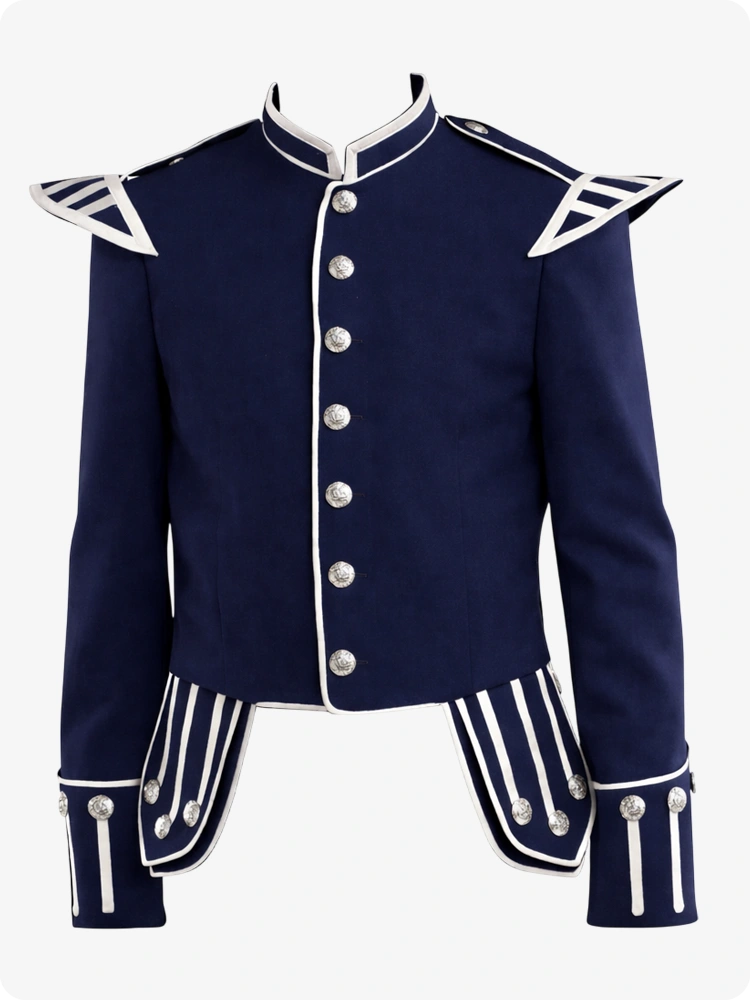 Giacca Doppia Militare Scozzese Blu Navy con Rifiniture Argento e Spalline