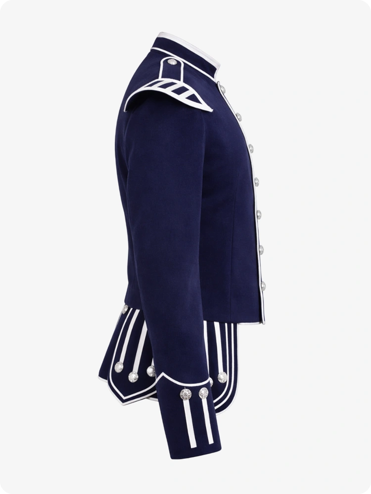Giacca Doppia Militare Scozzese Blu Navy con Rifiniture Argento e Spalline