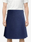 Person wearing a navy blue skirt on a white background