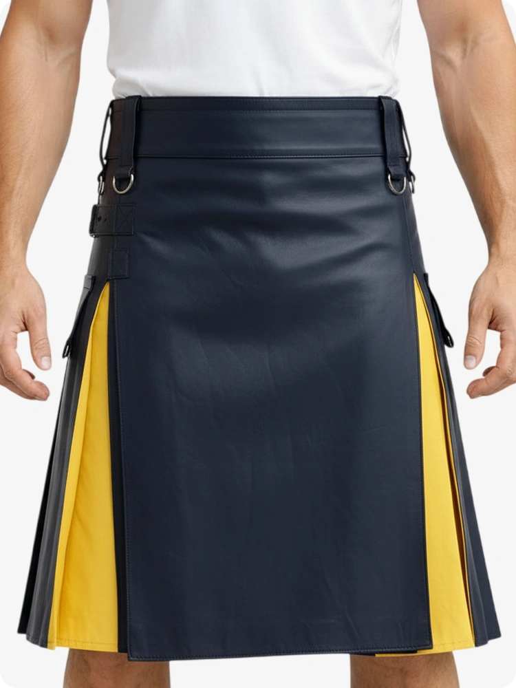 Kilt in pelle blu navy e giallo con tasche cargo