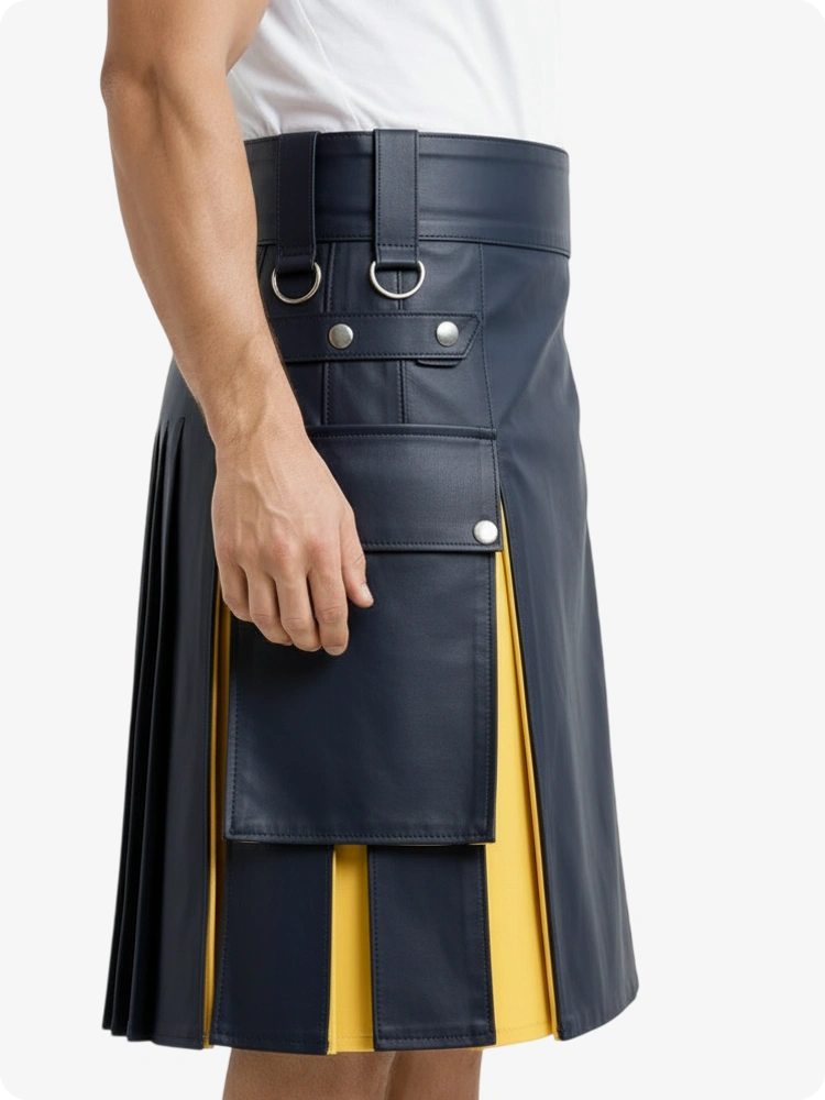 Kilt in pelle blu navy e giallo con tasche cargo