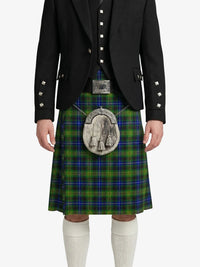 Person wearing a black jacket, green plaid kilt, and white socks on a white background