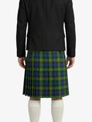 Person wearing a black coat and green plaid kilt on a white background