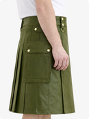 Olive Green Genuine Leather Utility Kilt with Cargo Pockets & D-Rings