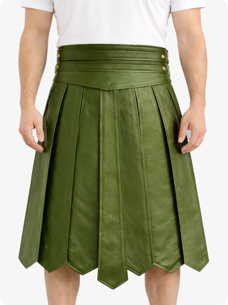 Olive Green Leather Highland Kilt Adjustable Buckle Waist & Classic Pleats