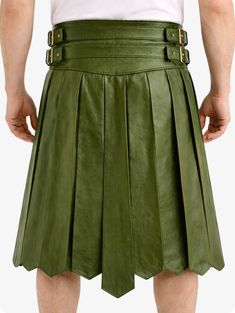 Olive Green pleated skirt with belt on a white background