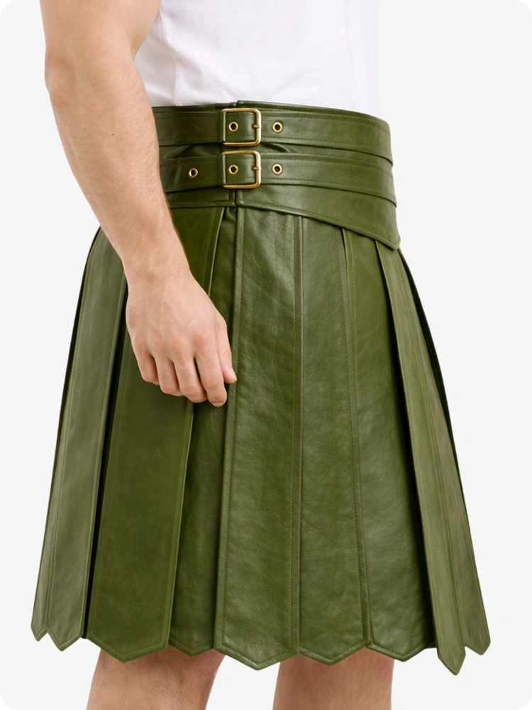 Olive Green Leather Highland Kilt Adjustable Buckle Waist & Classic Pleats