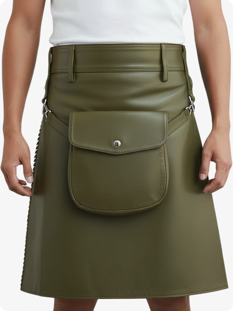 Kilt in pelle pieghettato verde oliva con passanti cintura e cinghie laterali