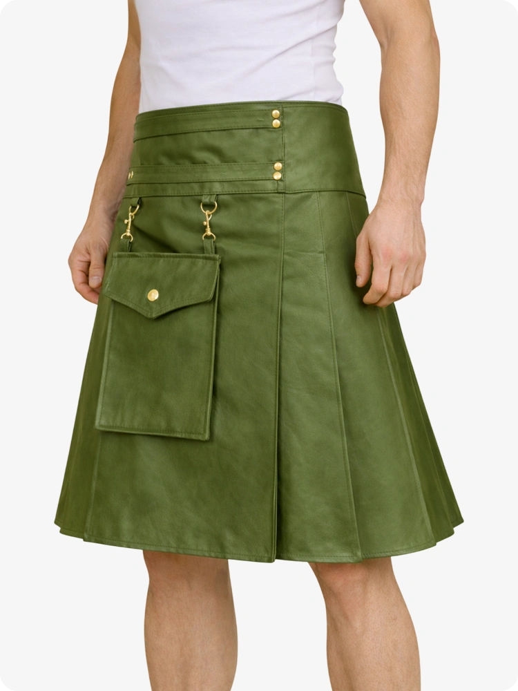 Olive Green skirt with gold buttons and zippers on a white background
