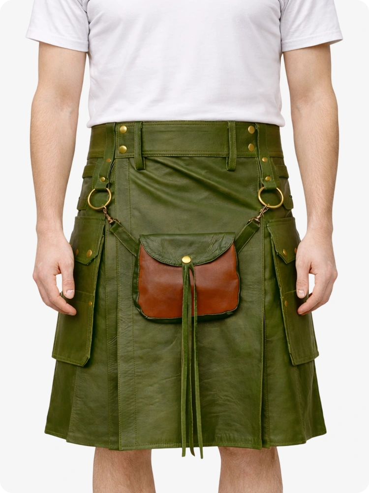 Olive Green Leather Utility Kilt with Front Sporran