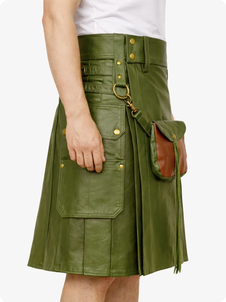 Olive Green Leather Utility Kilt with Front Sporran