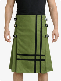 Olive Green kilt with black straps worn by a person on a white background