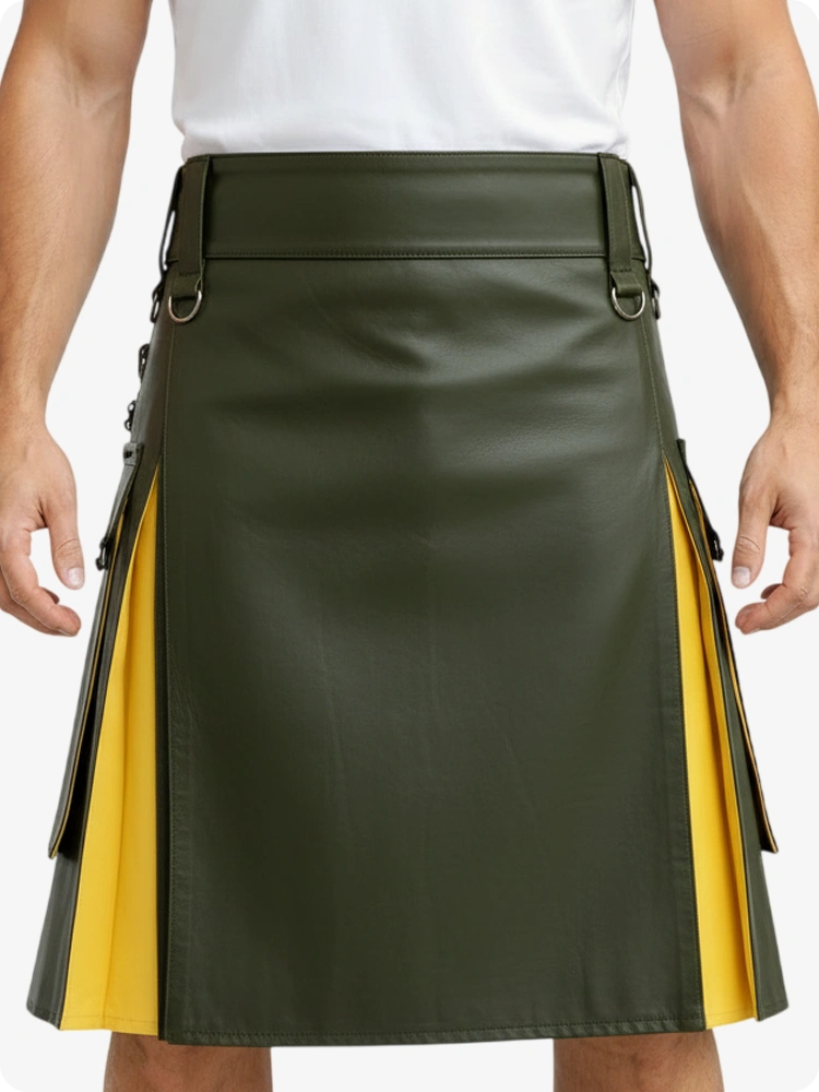 Kilt in pelle verde oliva e giallo con tasche cargo