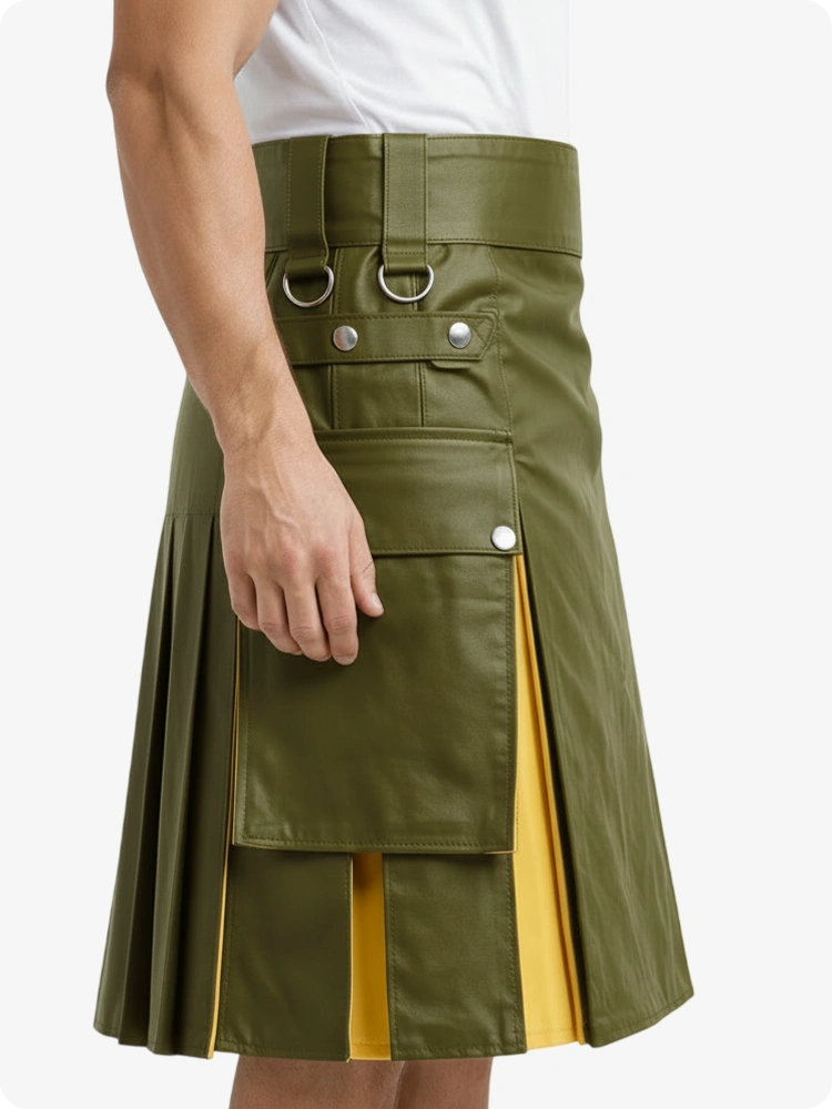 Kilt in pelle verde oliva e giallo con tasche cargo