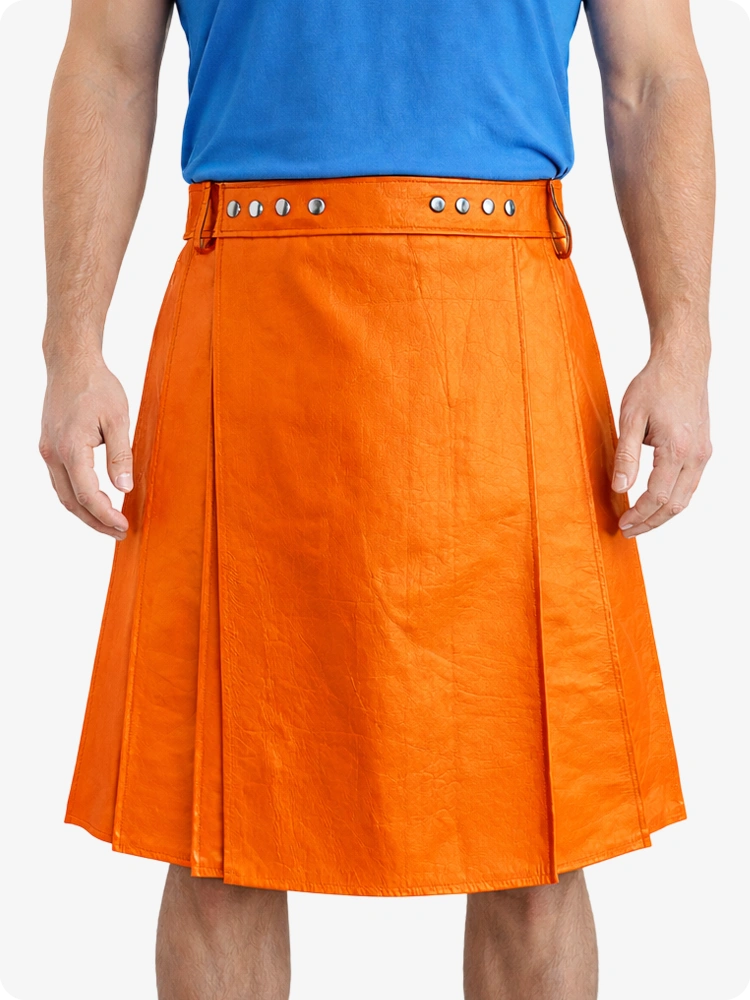 Orange Genuine Leather Utility Kilt with Studded Waistband