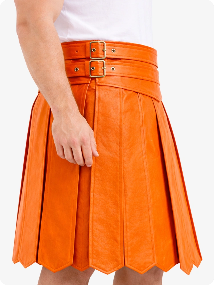 Orange Leather Highland Kilt Adjustable Buckle Waist & Classic Pleats
