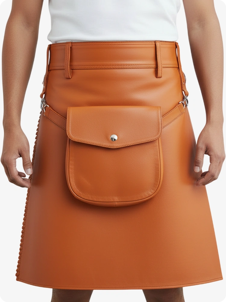 Kilt in pelle pieghettato arancione con passanti cintura e cinghie laterali