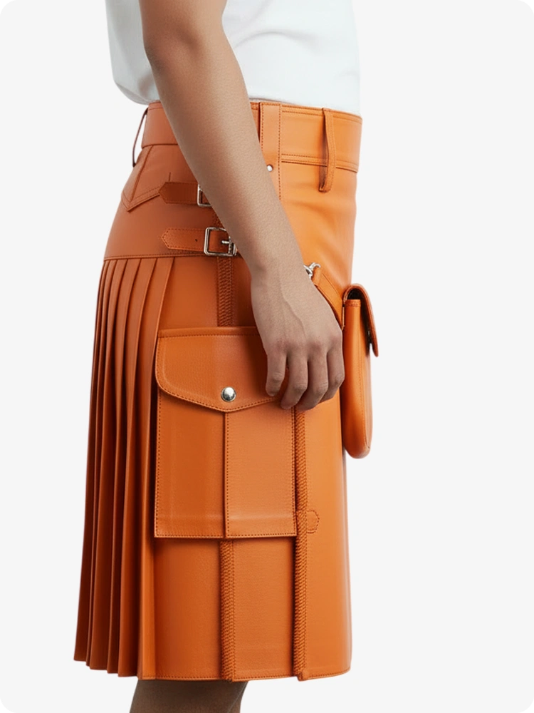 Kilt in pelle pieghettato arancione con passanti cintura e cinghie laterali
