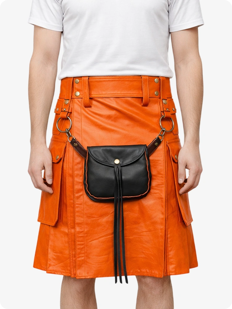 Orange Leather Utility Kilt with Front Sporran