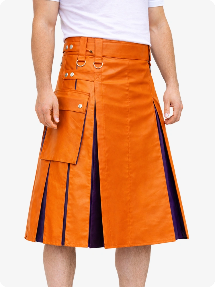 Orange Leather Utility Kilt with Purple Pleats, Side Pockets & D-Ring Hardware