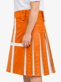 Orange kilt with white accents worn by a person on a white background