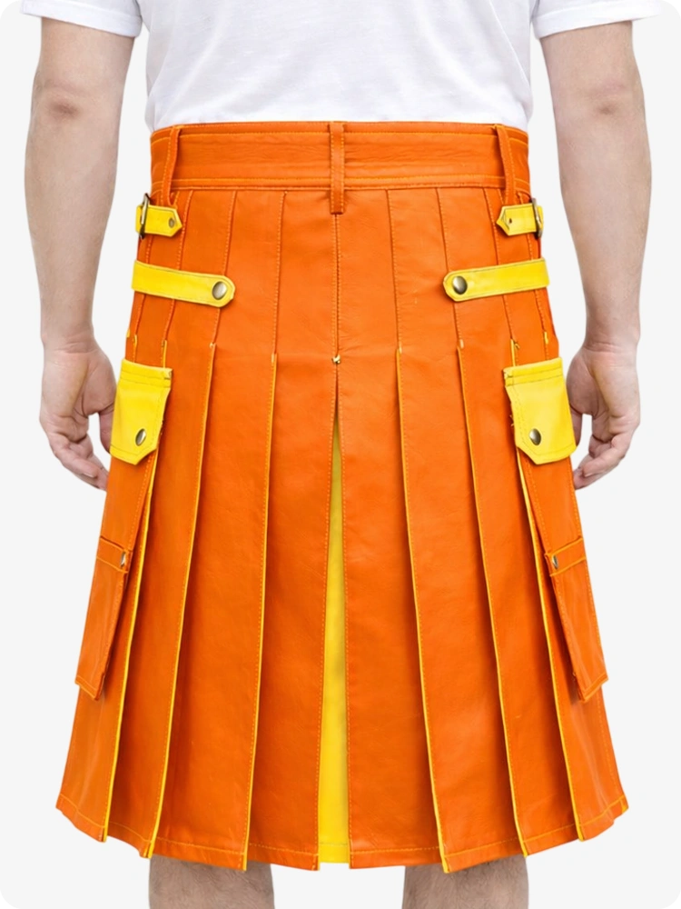 Orange kilt with yellow accents worn by a person on a white background