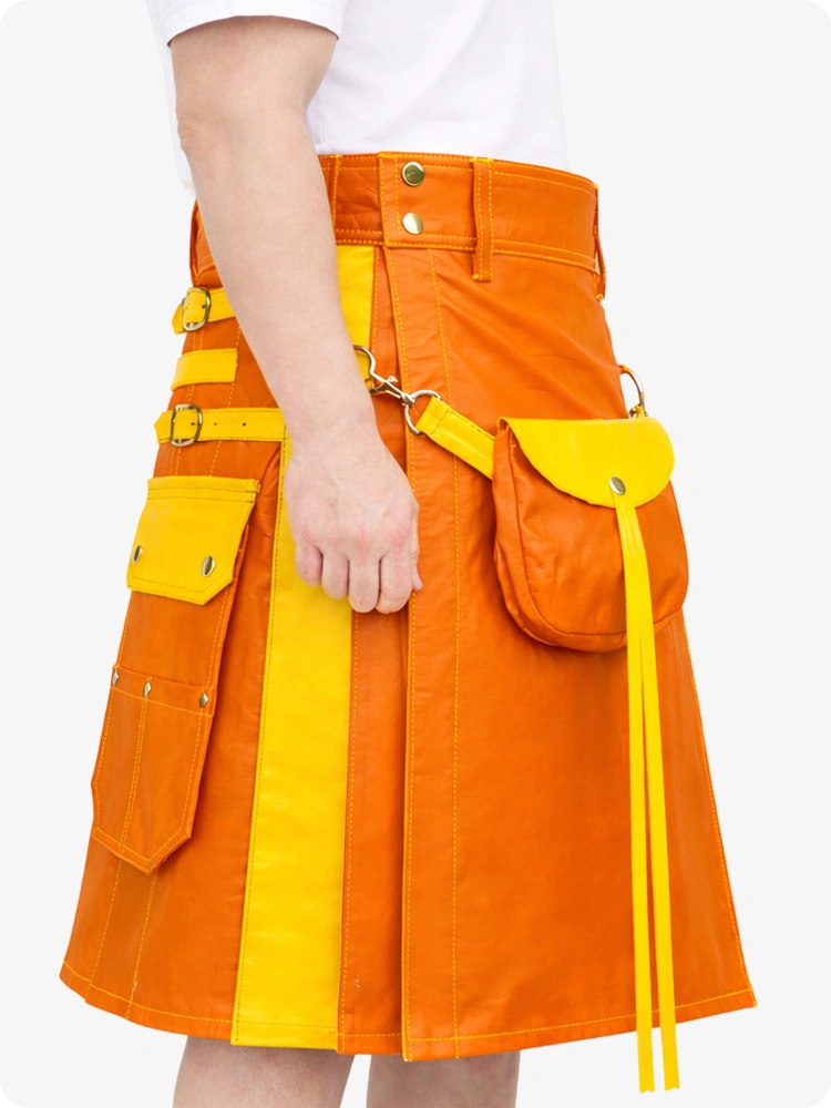 Orange Leather Utility Kilt with Yellow Accents & Detachable Pockets