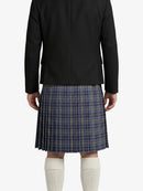 Person wearing a black jacket and plaid kilt on a white background