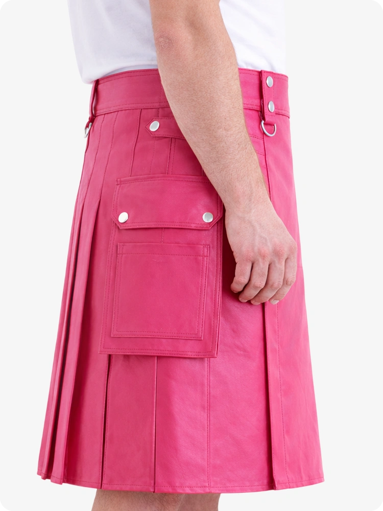 Pink Genuine Leather Utility Kilt with Cargo Pockets & D-Rings