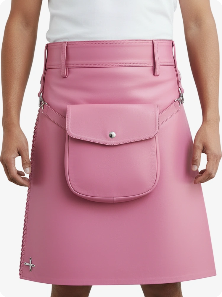 Kilt in pelle rosa pieghettato con passanti cintura e cinghie laterali