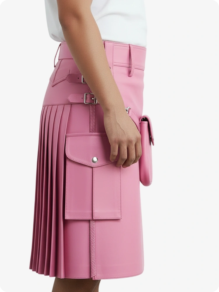 Kilt in pelle rosa pieghettato con passanti cintura e cinghie laterali